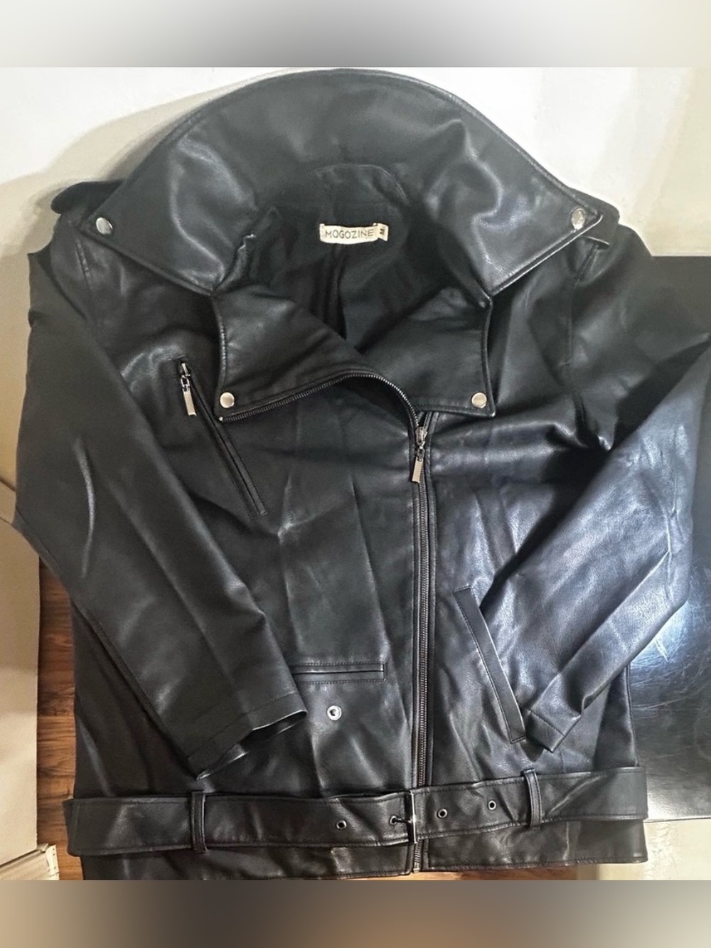 Black Leather Mens Moto Jacket with Bottom Buckle (Unisex) Size M
